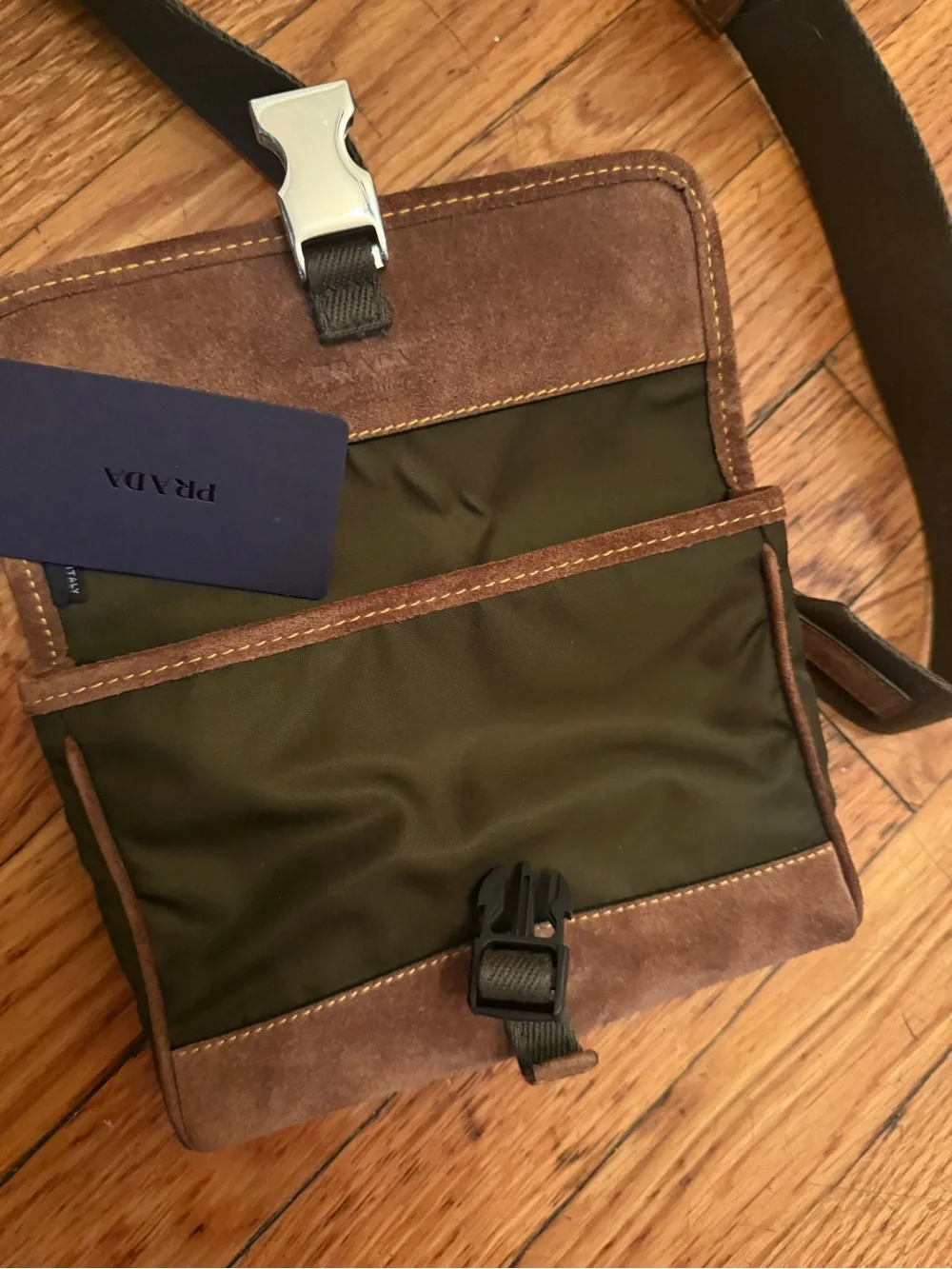 Prada Olive Green Crossbody Bag with Brown suede Trim current collection